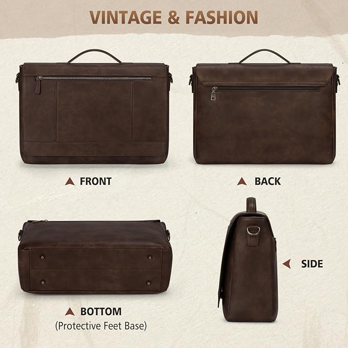 RAINSMORE Leather Messenger Bag for Men 15.6 Inch Laptop Bag Vintage Briefcase Large Computer Bag Satchel Shoulder Bag For College, Work, Business, Office, Dark Brown
