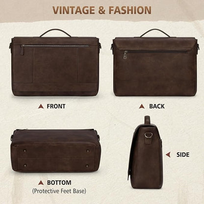 RAINSMORE Leather Messenger Bag for Men 15.6 Inch Laptop Bag Vintage Briefcase Large Computer Bag Satchel Shoulder Bag For College, Work, Business, Office, Dark Brown