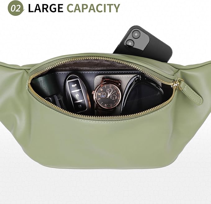 Faux Leather Belt Bag for Women, Crossbody Fanny Pack with Adjustable Strap, Back Zipper Pocket, Large Capacity Waist Pack for Travel, Concerts, Green