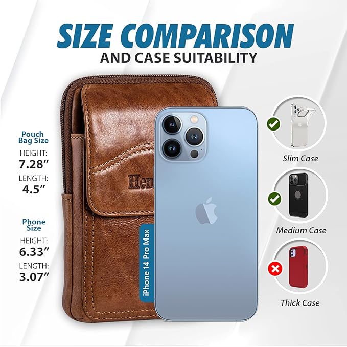 Hengwin Leather Cell Phone Holster Fit for iPhone 17 Pro Max 16 Pro Max 15 Pro Max 14 Pro Max Samsung Galaxy S25 Ultra S24/S23 Ultra Belt Pouch Shoulder Bag Crossbody Purse Case with Belt Clip (Brown)