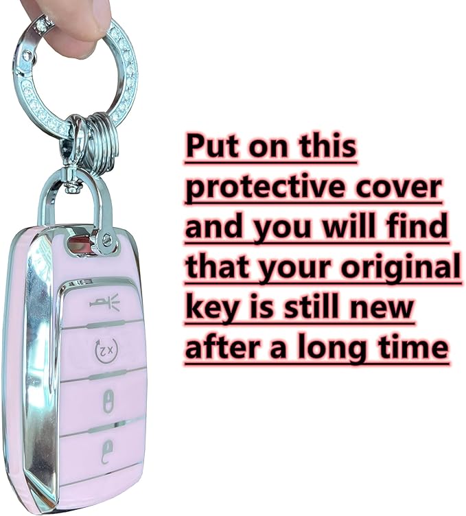 Key Protective Shell for RAM Key Fob Cover with Keychain Fit for RAM 1500 2500 3500 Smart Key Case Accessories (4-Button-Pink-Silver)