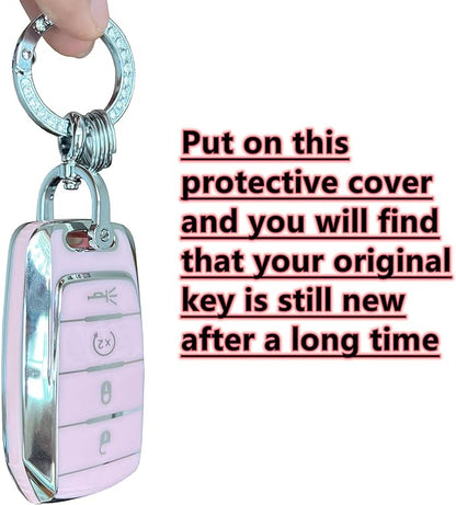 Key Protective Shell for RAM Key Fob Cover with Keychain Fit for RAM 1500 2500 3500 Smart Key Case Accessories (4-Button-Pink-Silver)