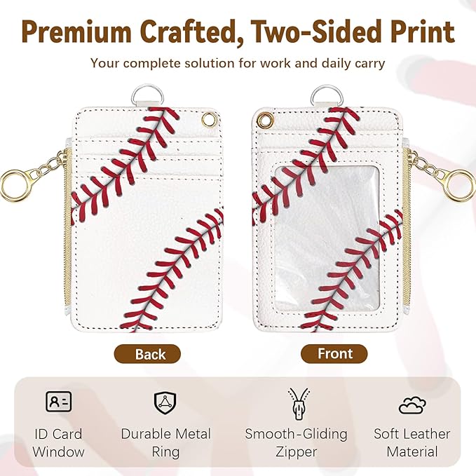 Baseball Leather Badge Holder with Zipper Pocket, Men Women Work Lanyards and 1 Zip Pocket and 4 Card Slots, Pink Bow Breakaway Lanyards with Metal Clasp for Boys, Adult, Teachers