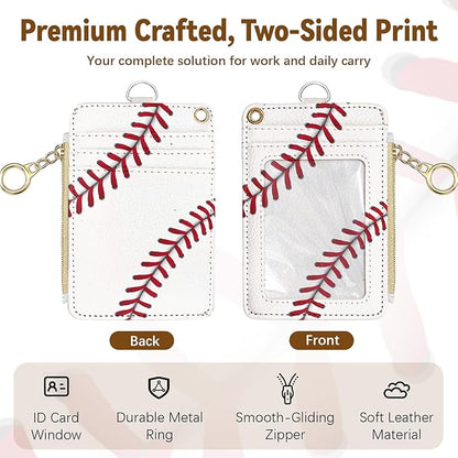 Baseball Leather Badge Holder with Zipper Pocket, Men Women Work Lanyards and 1 Zip Pocket and 4 Card Slots, Pink Bow Breakaway Lanyards with Metal Clasp for Boys, Adult, Teachers