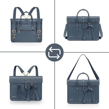 MOSISO Laptop Bag for Women, 15-15.6 inch PU Leather Laptop Shoulder Bags Convertible Backpack, 16 inch Messenger Bags Casual Handbag Work Briefcase Travel Computer Bag with Bowknot, Peacock Blue