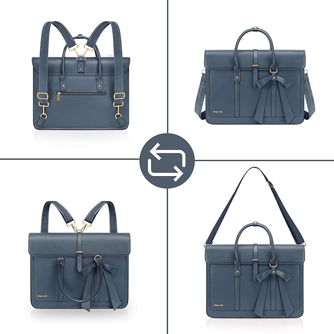MOSISO Laptop Bag for Women, 13-14 inch PU Leather Laptop Shoulder Bags Convertible Backpack, 13.3 inch Messenger Bags Casual Handbag Work Briefcase Travel Computer Bag with Bowknot, Peacock Blue