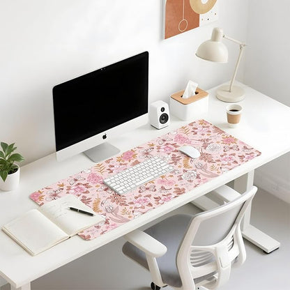 Mouse Pad Leather Desk Mat Large Keyboard Cute Office Desktop Computer Laptop XXL Long Big Aesthetic Modern Design Women Girls Gaming Gamer Oversized Wide Mousepad 31.5"x15.7", Pink Floral