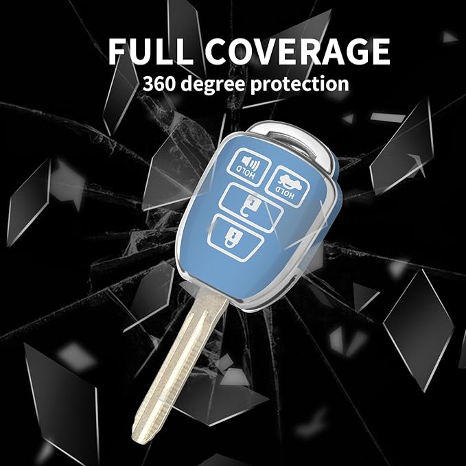 MILD EAST for Toyota Key Fob Cover with Metal Key Chain, Silver Edge Soft TPU Key Fob Shell Case for 2012-2019 Camry Corolla Tacoma, Blue