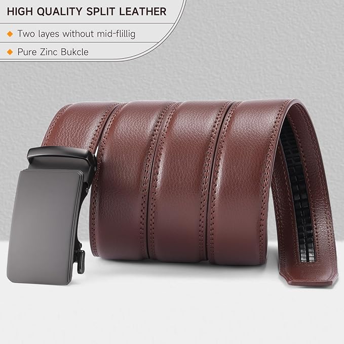 SENDEFN Men's Leather Belt Automatic Ratchet Buckle Slide Belt for Dress Casual Trim to Fit with Gift Box