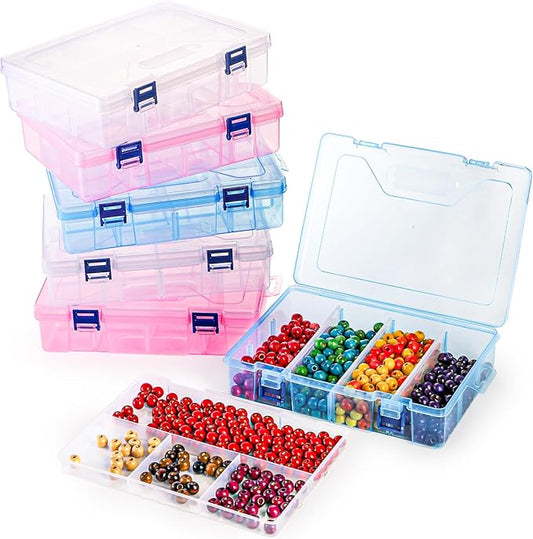 Covzoe 6 Pack Plastic Organizer Box with Adjustable Dividers, 2 Layer Bead Jewelry Organizer with 8 Large Grids, Clear Office Supplies Storage Case Snackle Container for Art DIY Crafts Fishing Tackles