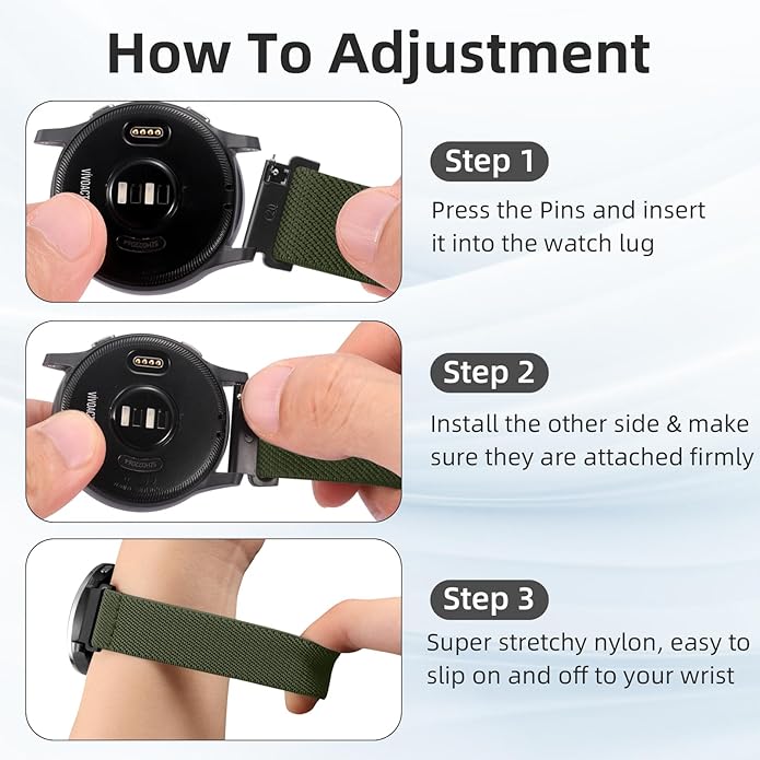 DaQin 3 Pack Nylon Watch Bands Compatible with 16mm 18mm 20mm 22mm Quick Release Watch Band, Adjustable Soft Stretchy Solo Loop Strap Elastic Braided Relacement Wristband for Men Women