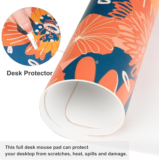 QiyI Large Desk Pad, Floral Mouse Pad Desktop Decor, Waterproof PU Leather Desk Cover Protector, Desk Accessories for Office Home Work Writing Gaming 31.5" x 11.8" - Orange Blue Flowers