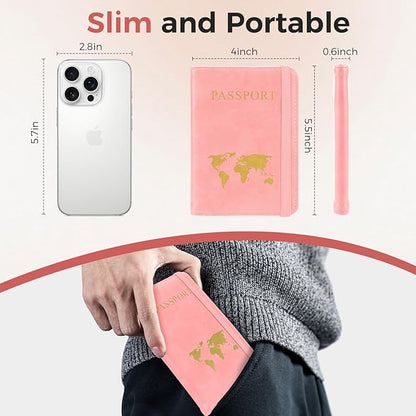 Passport Holder for Travel Women Men - Passport Cover Wallet with Airtag Slot - RFID Blocking PU Leather Passport Holder Case with Card Holder, Pen Slot - Pink