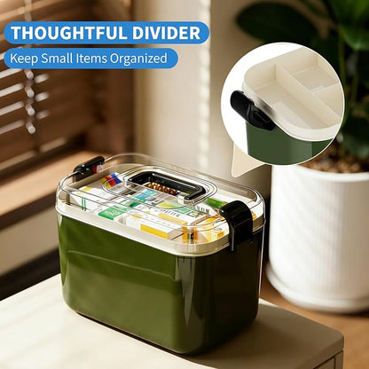 2 Tiers Medicine Organizer - Portable Medicine Storage Box with Handle, Large Capacity Plastic Medical Cabinet, Multipurpose Supply Organizer with Removable Tray, Empty First Aid Kit for Home