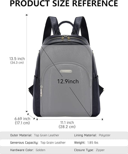 Women's Genuine Leather Backpack for Professionals, 12.9 Inch Laptop Backpack with Anti-Theft Pocket, Business Work Computer Bag for Office & Travel, Classic Black