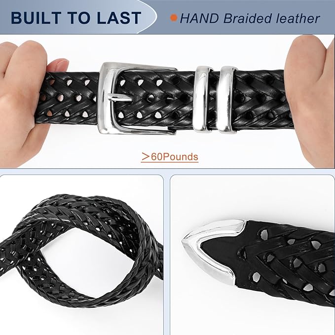 BELTROAD Braided Leather Belt for Men Casual Jeans Golf, Men's Leather Woven Alloy Buckle Hand Braided Belts Gift for Men