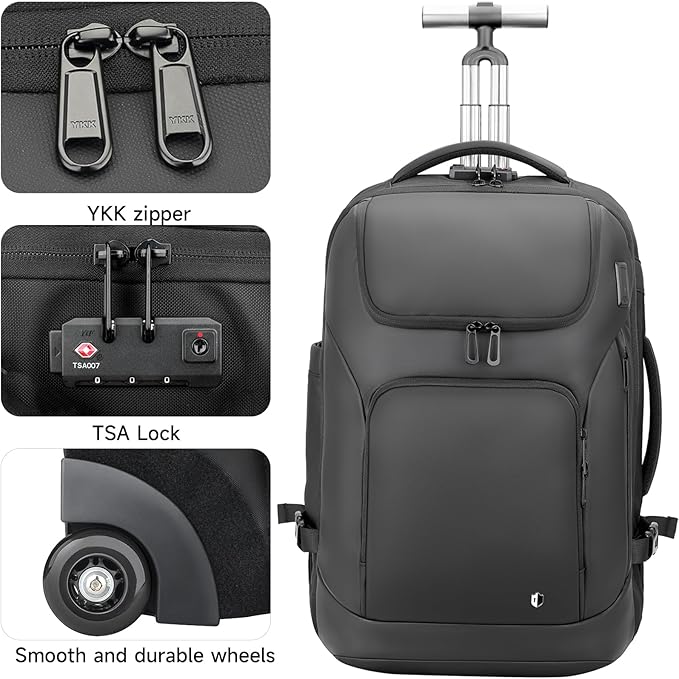 Rolling Backpack,17inch Laptop Backpack with Wheels,Water Resistant Carry on Luggage with USB C Ports, Wheeled Backpack Suitcase for Men Women Adults to Travel