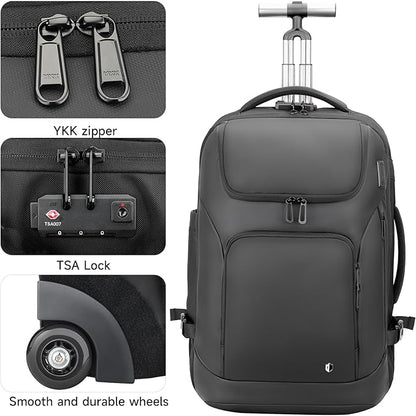 Rolling Backpack,17inch Laptop Backpack with Wheels,Water Resistant Carry on Luggage with USB C Ports, Wheeled Backpack Suitcase for Men Women Adults to Travel