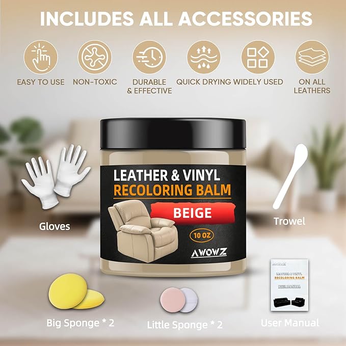 Leather Recoloring Balm - Scratch Repair & Color Restore Kit for Faded Leather, Leather Couch & Car Seats - 10OZ Restorer Balm for Furniture, Auto Interior, Vinyl, Accessories (Beige)