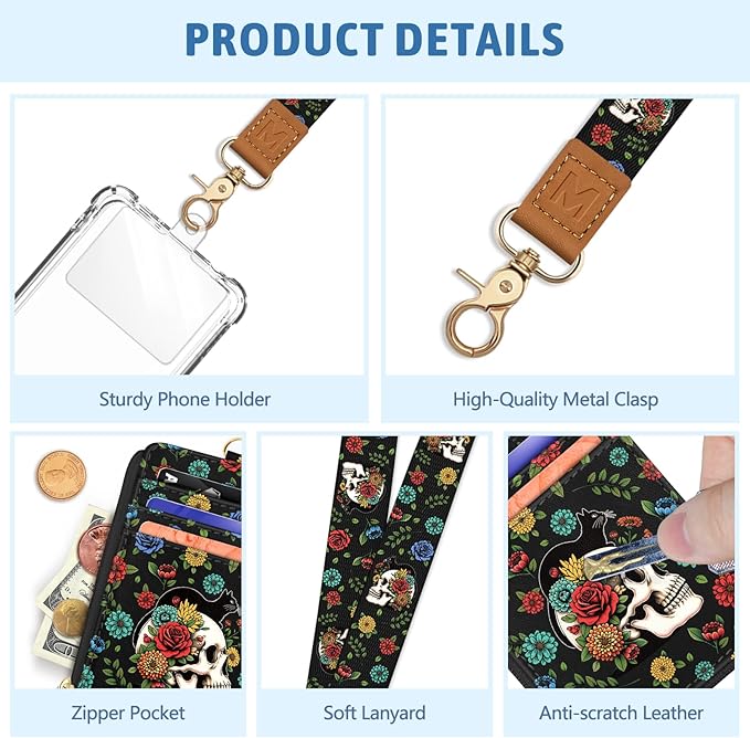 Goth Skull Floral Lanyard Wallet with ID Badge Holder, Black Cat Small RFID Wallet Women Keychain Wristlet, Slim Credit Card Holder with Zipper Pocket Phone Lanyard Wrist Strap Name Tag Office Teacher