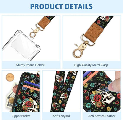 Goth Skull Floral Lanyard Wallet with ID Badge Holder, Black Cat Small RFID Wallet Women Keychain Wristlet, Slim Credit Card Holder with Zipper Pocket Phone Lanyard Wrist Strap Name Tag Office Teacher