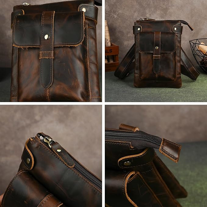 Le'aokuu Mens Genuine Leather Fanny Small Messenger Shoulder Satchel Waist Bag Pack 8711