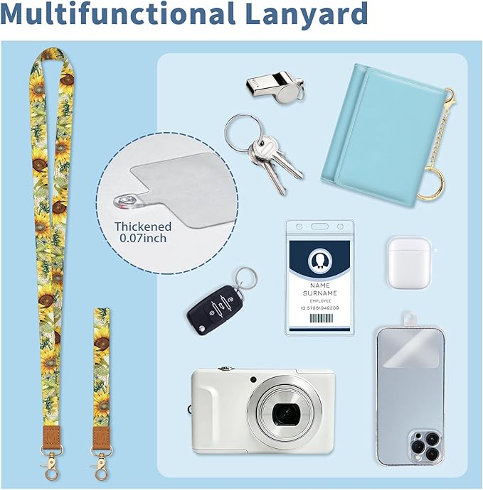 Lanyard Wallet with Id Badge Holder, Sunflower RFID Small Keychain Wallet Women Wristlet, Cute Zipper Credit Card Holder Phone Wrist Neck Strap for Key Name Tag, Teacher Student Office Gifts