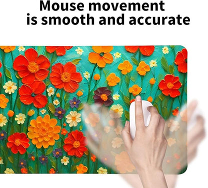 Oil Painting Flowers Desk Mat for Women, Large PU Leather Desk Pad with Non-Slip Base, Aesthetic Office Keyboard Cover for Gaming & Home Work, Artistic Desk Decor (27.56 * 13.78in)