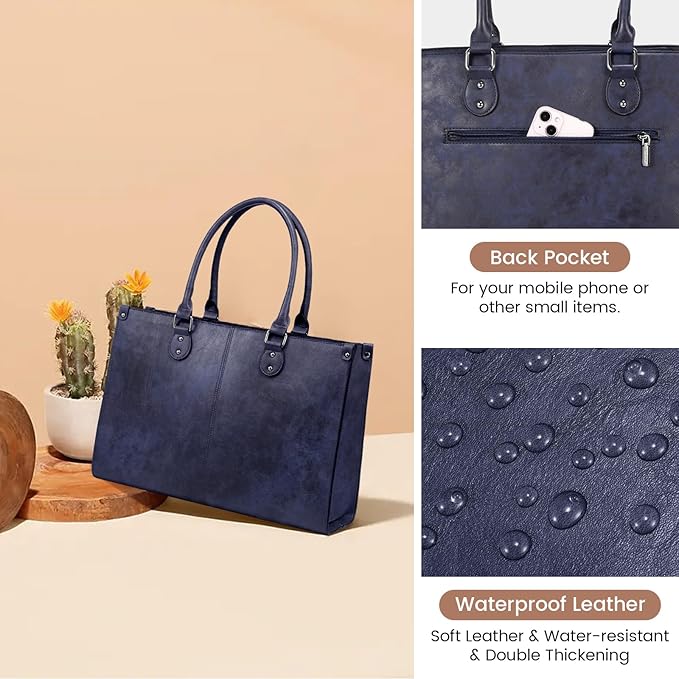 LOVEVOOK Laptop Tote Bag for Women, 15.6 Inch Large Capacity Vintage Leather Work Computer Bag, Business Casual Shoulder Handbag, Indigo Ink