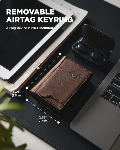 VULKIT Airtag Wallet with Keyring Mens Pop up Credit Card Wallet Compatiable with Air Tag Holder Trifold ID Window RFID Blocking