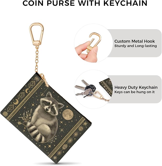 Vintage Raccoon Keychain Coin Purse for Women, Small PU Leather Change Pouch, Zipper Little Tiny Travel Wallet for Girls, Cute Kawaii Zip Pocket Coin Holder with Key Ring