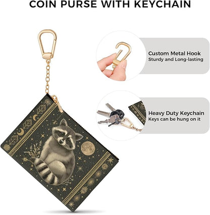 Vintage Raccoon Keychain Coin Purse for Women, Small PU Leather Change Pouch, Zipper Little Tiny Travel Wallet for Girls, Cute Kawaii Zip Pocket Coin Holder with Key Ring