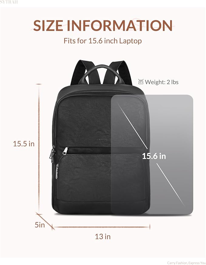 SYTRAH Leather Backpack for Women, Vintage 15.6 inch Laptop Backpack Purse for Women, College Casual Backpacks Ladies Computer Bags for Travel Business Work Pure Black