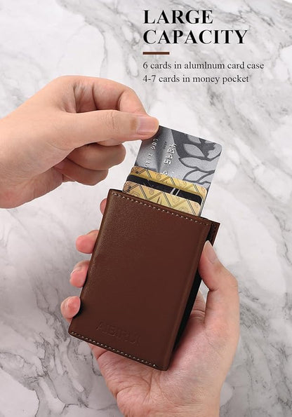 Pop Up Wallet for Men, Leather & Aluminum-Trifold Wallet for Men, Holds 12 Cards,20 Bills,Coins, ID Window, Functional & Minimalist Wallet, RFID Wallet for Men, Brown