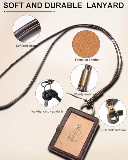 Genuine Badge Holder with Leather Lanyard, Soft Leather ID Card Holder with a Detachable Metal Clip, Clear Window, 2 Card Slots for Office & School IDs, Work Name Cards (Deep-Coffe 03)