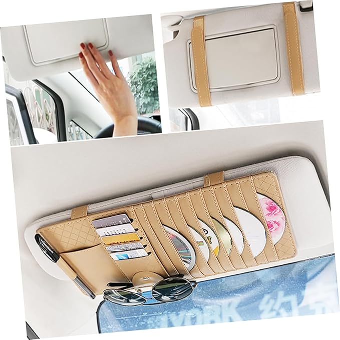 FAVOMOTO 2pcs Multi-Functional Sun Visor Leather Organizer Bag Slot for Car Beige Stylish Storage for Pens Cards Booklets Convenient Auto Accessory for Vehicle Interior