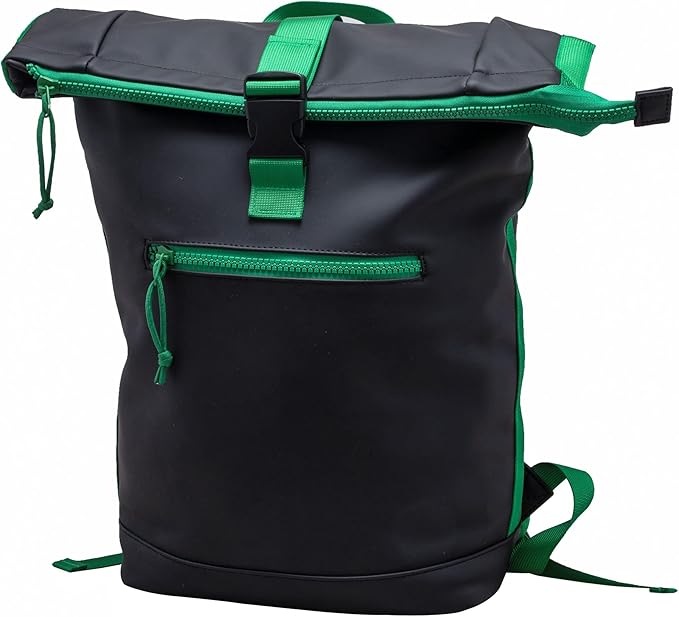 X RAY Roll Top Laptop Backpack for Men Women, PU Leather Expandable Roll Up Backpack Capacity Adjustable 22L Fits 15.6" Laptop, Black/Kelly Green