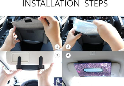 Car Visor Tissue Box Holder, Bling Crystals PU Leather Napkin Holder, Glitter Car Visor Accessories with Sparkly Mask Hook Clip for Women, Gift for Christmas Thanksgiving (Purple 4 pcs)