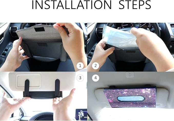 Purple Car Visor Tissue Box Holder, Bling Crystals PU Leather Napkin Holder, Glitter Car Visor Accessories with Sparkly Mask Hook Clip for Women, Gift for Christmas Thanksgiving (Purple 3 pcs)