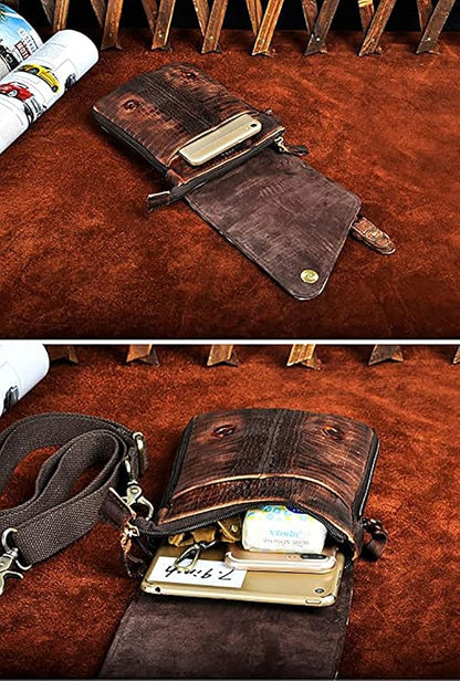 Le'aokuu Mens Genuine Leather Small Messenger Shoulder Satchel Phone Pouch Belt Waist Bag Pack