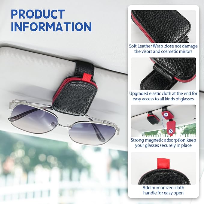 JUSTTOP 2Pack Sunglasses Holders for Car,Magnetic Leather Buckle Sun Visor Sunglass Clip,Ticket Card Clip Sunglasses Mount,Car Interior Accessories for Men and Women(Black-Red)