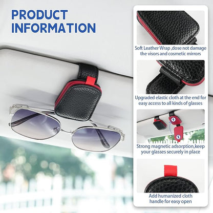 JUSTTOP 2Pack Sunglasses Holders for Car,Magnetic Leather Buckle Sun Visor Sunglass Clip,Ticket Card Clip Sunglasses Mount,Car Interior Accessories for Men and Women(Black-Red)