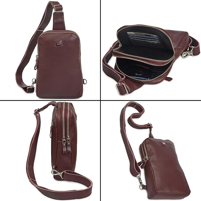Leather Sling Bag for Women Genuine Crossbody Purse Small Trendy Cross Over Chest with Phone and Credit Card Slots (Burgundy Nappa)