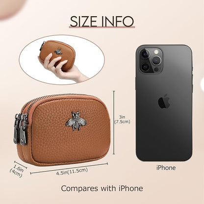 imeetu Women Leather Coin Purse, Small 2 Zippered Change Pouch Wallet
