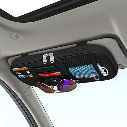 Car Sun Visor Organier Truck SUV Sun Visor Storage Pocket Pouch Holder, Multi-Pocket PU Leather with Zipper Net, for Cards Pens Sunglasses Document (Black)