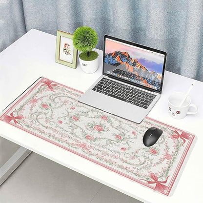 Vintage Floral Desk Mat for Women, Large PU Leather Desk Pad with Non-Slip Base, Elegant Office Keyboard Cover an Elegant and Thoughtful Gift for Women（27.56 * 13.78in）