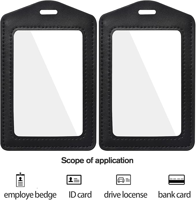 Vin Beauty 2 Pack Genuine Leather ID Badge Holders, Vertical ID Card Holders with Dual-Side Clear Window, Waterproof Name Badge Holde Suit for Office, Staff, Students, Employees(Black&Black)