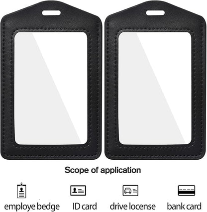Vin Beauty 2 Pack Genuine Leather ID Badge Holders, Vertical ID Card Holders with Dual-Side Clear Window, Waterproof Name Badge Holde Suit for Office, Staff, Students, Employees(Black&Black)