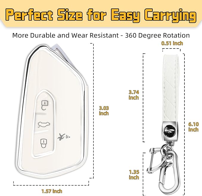 FT FUNTOR Key Fob Cover for Volkswagen,Soft TPU Full Protection Case Compatibale With VW Golf GTI Atlas Skoda Octavia ID3 ID4 MK8 (White, 4 Buttons)