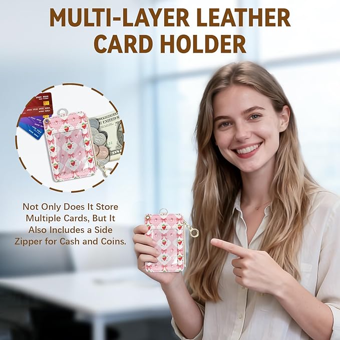 Leather Cute Badge Holder with Zipper Pocket, Pink Strawberry Bow Lanyards and 1 Zip Pocket and 4 Card Slots, Breakaway Lanyards with Metal Clasp for Offices, Staff, Adult, Employees